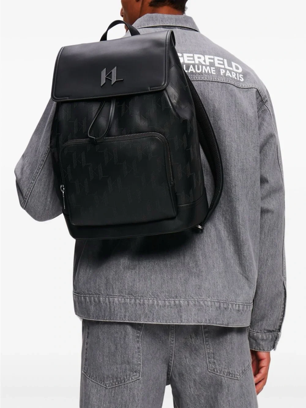 Men Karl Lagerfeld Black Perforated Leather Backpack